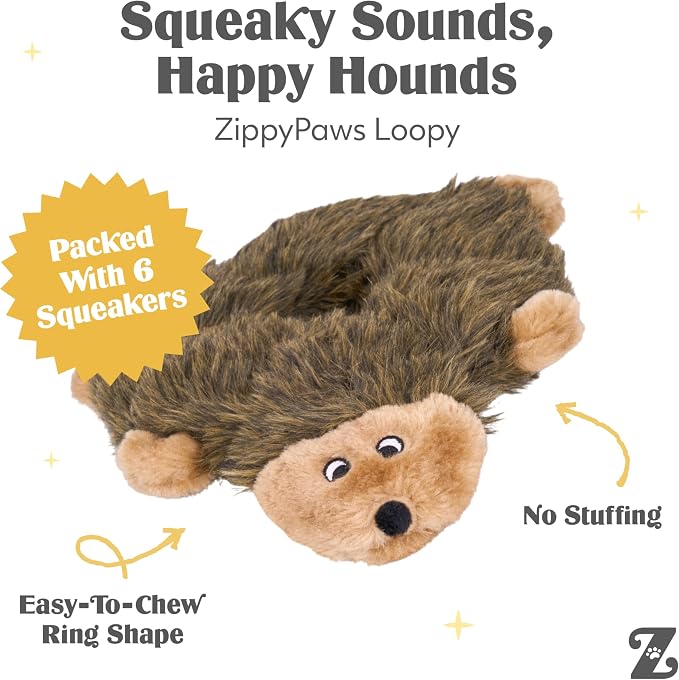 ZippyPaws Loopy No Stuffing Dog Toys to Keep Them Busy - 10" | For Small, Medium, & Large Dogs, Squeaky Pet Toy for Boredom, Unstuffed Chew Toy, Soft Plush Puppy Products, Hedgehog