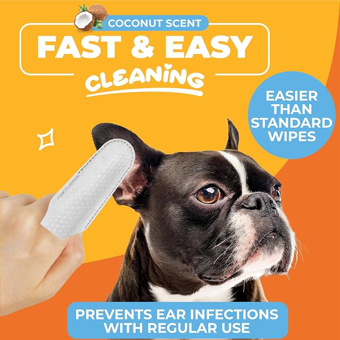 Paw Science Dog Ear Cleaner Wipes – Finger Wipes for Dogs & Cats – Cleaning, Soothing, & Deodorizing Itchy Ears – Pet Ear Relief Solution (Coconut)