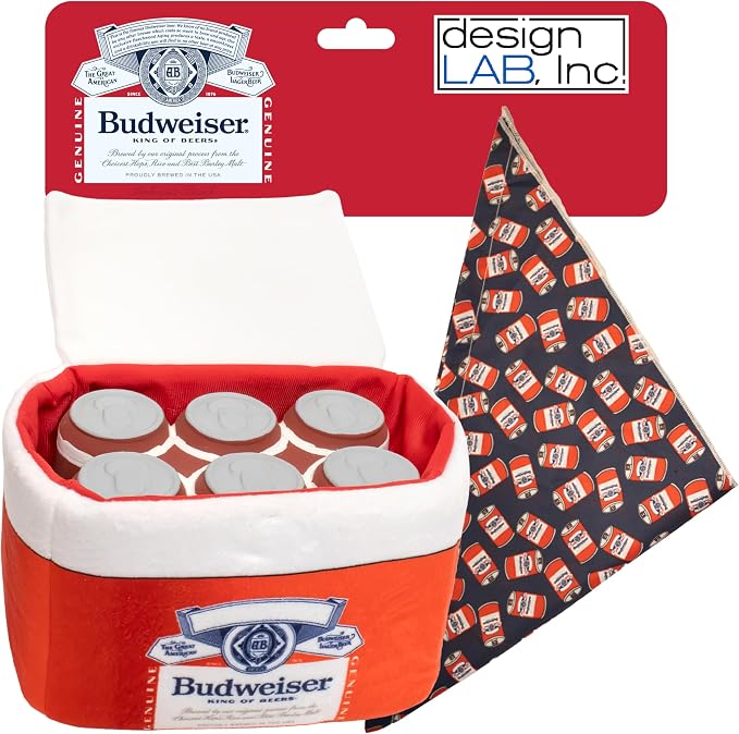 Budweiser, Nesting Dog Toy Plush Cooler with Rubber Toy Beers & Bandana | Official Merchandise, Interactive Squeaky Dog Toys for Hide & Seek Fun, Includes Budweiser Dog Bandana