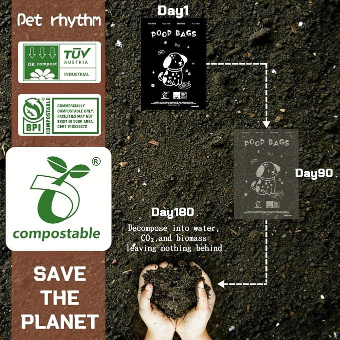 100% plant-based Dog Poop Bags Rolls, ASTM D6400 & EN 13432 Compliant, 120 waste bag including dispenser, 13 in × 9 in black poop bags for dogs, Super thick 100% leak proof