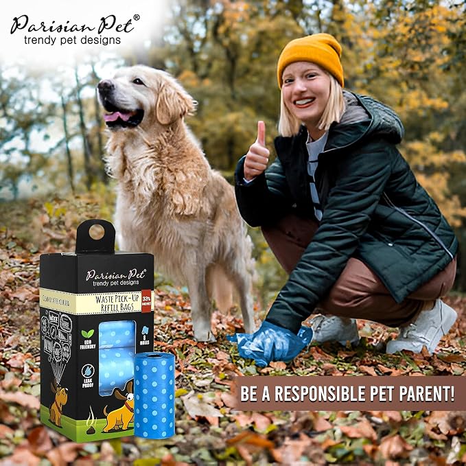 Parisian Pet Ecofriendly Dog Poop Bags Rolls - 160 Count Unscented Poop Bags For Dogs - Leakproof, Extra Thick, 8 Dog Waste Bags Refill Rolls - Polka Dot Blue Doggie Poop Bags - Fits All Dispenser