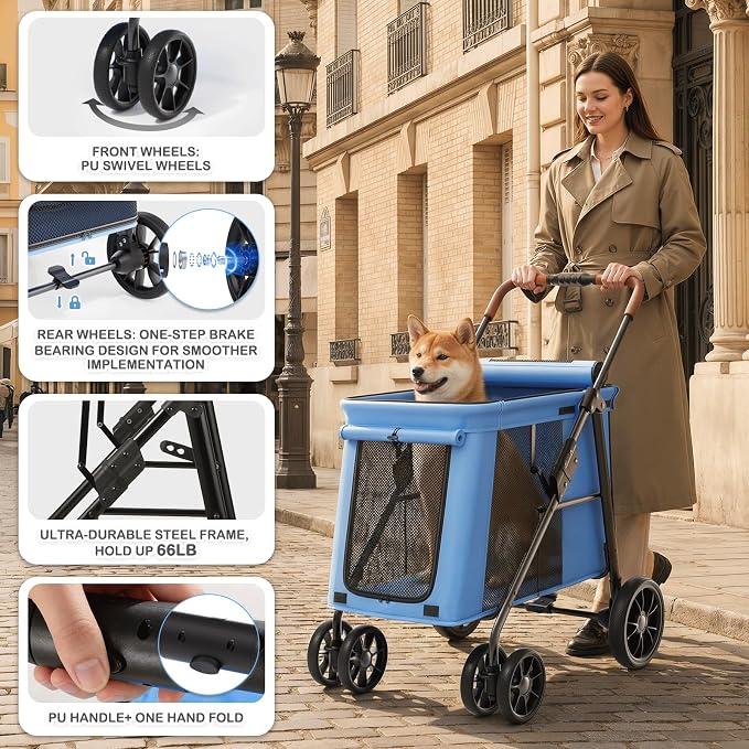 MoNiBloom Pet Stroller for Medium/Large Dogs - Blue, up to 66lbs