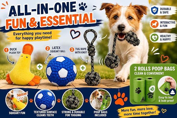Dog Toys for Small Dogs, 5 Pack Interactive Dog Toy Set with Squeaky Latex Ball, Duck Plush Toy, Rope Tug Toy and Waste Bags, Indoor Fetch, Chew & Play Toys for Small Breeds (Blue/White)