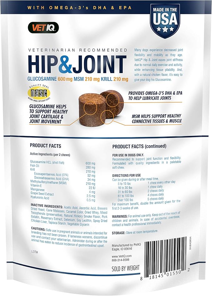 VetIQ Hip & Joint Supplement for Dogs, Chicken Flavored Soft Chews, 90 Count