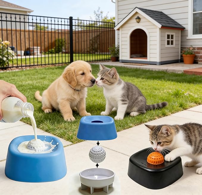 Slow Feeder Dog Bowl, Rolling Lick Ball & Lick Mat for Dogs Cats, Spill-Resistant Puzzle Feeder for Liquid Treats, Food-Grade Rubber, Non-Slip Interactive Toy for Anxiety Relief & Boredom (Blue-1PCS)