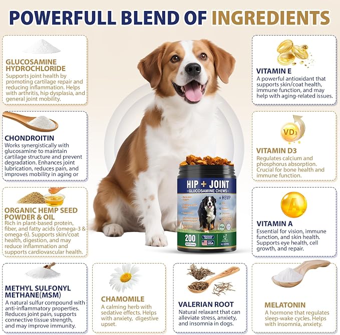 Hip and Joint Supplement for Dogs, 200ct Dog Hemp Calming Chews with Glucosamine, Msm, Chondroitin, Omega 3, Melatonin for Senior Dogs Anxiety, Pain Relief Anti Inflammatory Small/Medium/Large Breed