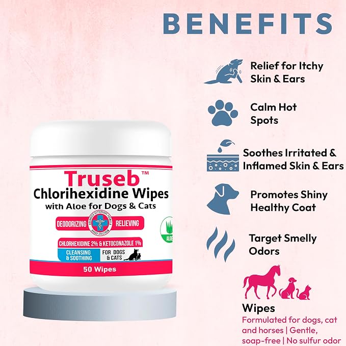 Pet Health Pharma Truseb Topical for Dogs, Cats and Horses - with Aloe for Cleansing (Ketoconazole & Chlorhexidine Wipes, 100 Count)
