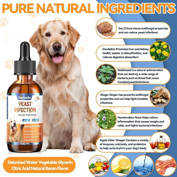 Natural Yeast Relief Drop for Dogs 60ml Bacon, Itch Allergy Ear Paw Support