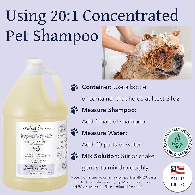 Bobbi Panter Hypoallergenic Dog Shampoo Honey, Aloe Vera, Chamomile & Rosemary – Dye & Fragrance Free Natural Formula for Sensitive & Allergy Skin, Tear-Free, 30:1 Concentrate, Made in USA, 1 Gallon