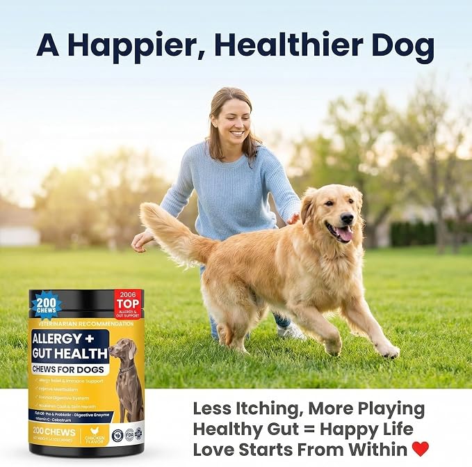 Dog Allergy Chews for Dogs, Itchy Skin & Paw Licking Support, Probiotics for Dogs, Immune & Gut Health, Seasonal Allergy Support, Skin & Coat Health, Chicken Flavor Soft Chews, 200 Ct