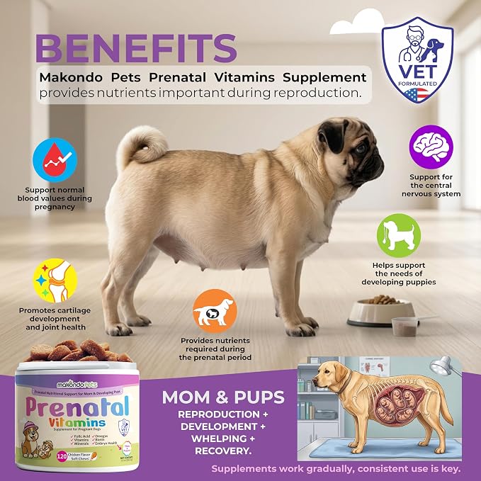 Dog Prenatal Vitamins, 120 Soft Chews Multivitamin, Mom & Puppy Vitamins