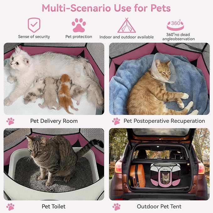 Siedihit Pink Dog Cat Playpen, Puppy Pet Playpen Indoor for Small Dog Crate Tent Cage Outdoor, Portable Pop Up Dogs Enclosure Kennel with Carrying Case for Dogs/Cats/Rabbits