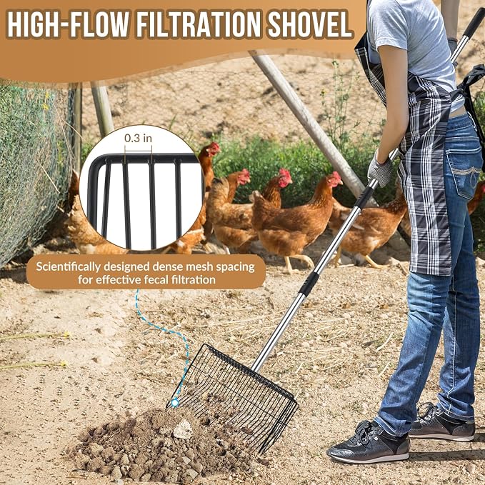 SlowTon Chicken Poop Scooper 10" Wide - Stainless Steel Chicken Coop Scoop Heavy Duty with 40 to 77" Long Handle for No Bending Work, Chicken Coop Litter Cleaning Tool Sand Sifting Shovel