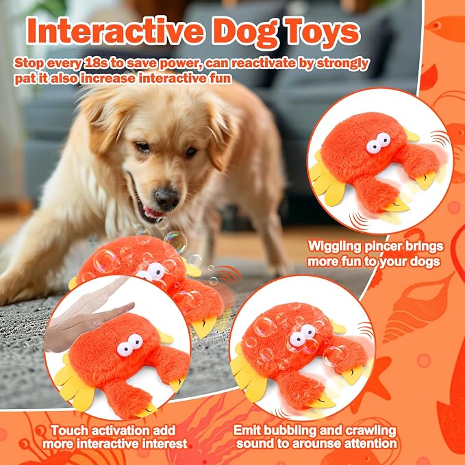 Mity rain Interactive Dog Toy, Crab, Rechargeable Plush & Squeaky