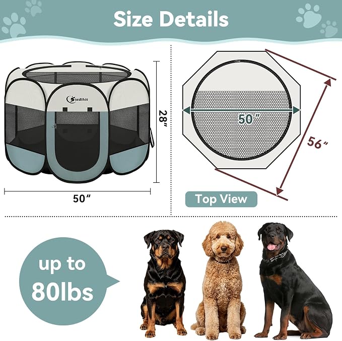 Siedihit Playpen for Extra Large Dog Cat, Dogs Tent Crate Cage Indoor/Outdoor, Portable Pop Up Dog Kennel with Carrying Bag for Rabbits, Removable Top (Grey, Extra Large)