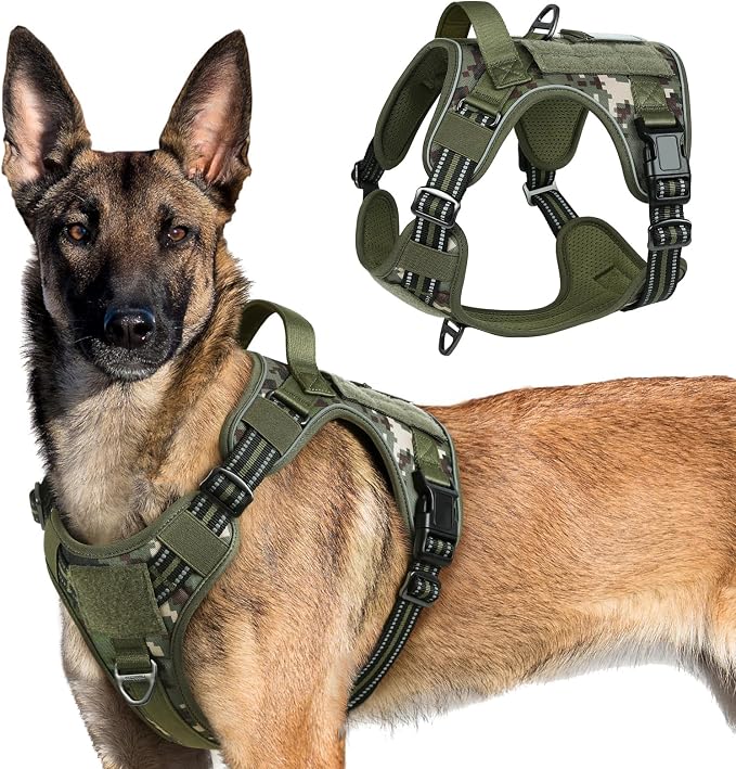 rabbitgoo Tactical Dog Harness for X-Large, No Pull Military Service Vest | Molle & Handle, Heavy Duty, Adjustable, Reflective Straps, Easy Control for Training Walking, Green camo, X-Large
