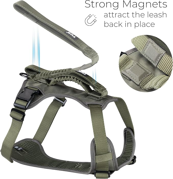 TUG Grab Dog Harness with Built-in Magnetic Traffic Leash (Medium/Green) | Padded Magnetic Traffic Handle | Dual Leash Clips | 4-Point Adjustable Fit | Durable Nylon