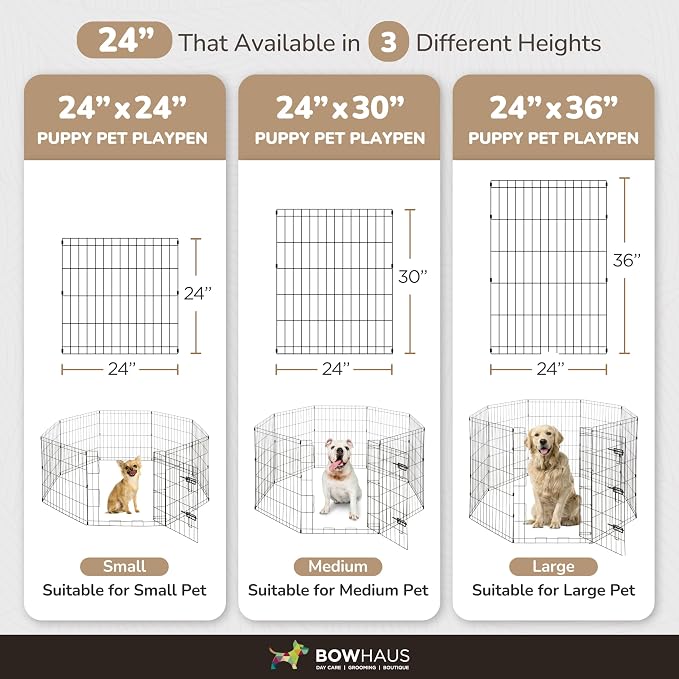 BOWHAUS Foldable Outdoor/Indoor Pet Playpen with Gate, Available in 36 Inch Height Metal Portable Kennel, Heavy-Duty Exercise Fence Cage 8 Panels for Large Dog, Animals