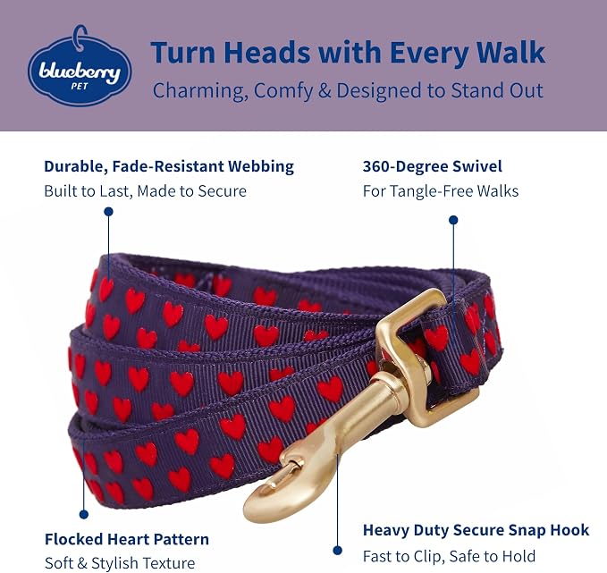 Blueberry Pet Valentine's Day Dog Leash, Velvety Soft-Touch Heart Flocking Lead for Medium Dogs, Gothic Grape, 5 ft x 3/4"