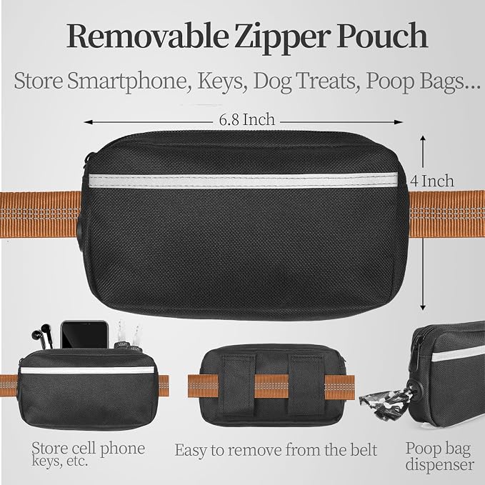 iYoShop Hands Free Dog Leash with Zipper Pouch, Large, 25-120 lbs, Brown | Waist Leash, Dual Padded Handles, Shock-Absorbing Bungee, Adjustable Waist Belt, Walking and Running