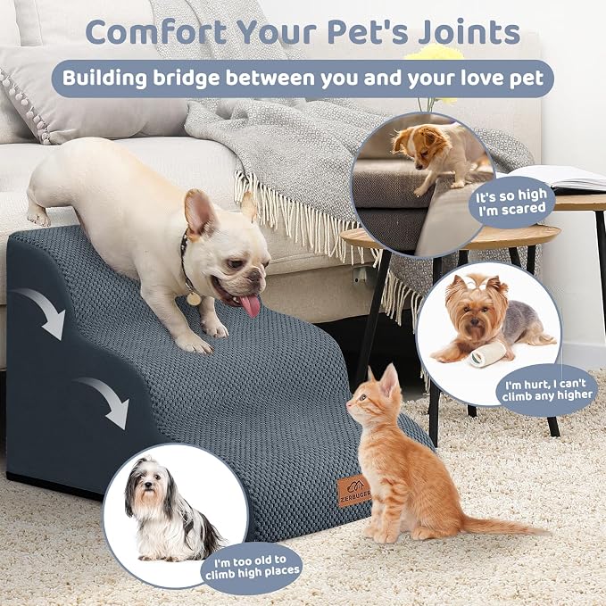 Zerbuger Dog Ramp and Stair for Bed 16" H-20 H,3-Step Cat Stair for Sofa and Chair,4-Step Dog Ramp for High Bed and Window,Durable Nonslip Fabric Cover for Indoor (Dark Grey-16 H, Pet Friendly, 3)