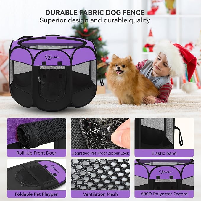 Siedihit Dog Playpen, Puppy Pet Playpen, Dog Crate Tent Cage Indoor/Outdoor, Portable Pop Up Dogs Kennel Playpen with Carrying Case for Dogs/Cats/Rabbits, Purple, Medium