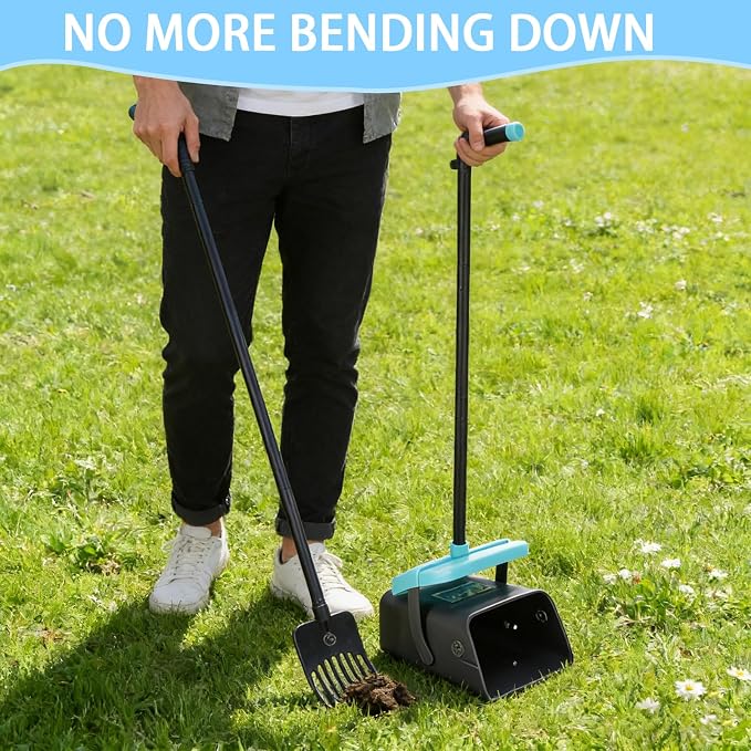 Geyecete Dog Pooper Scooper Pooper Scooper for Dogs - Long Handle Outdoor Cleanup Tool with 35 Waste Bags Dispenser -Portable Pet Waste Pick Up Set