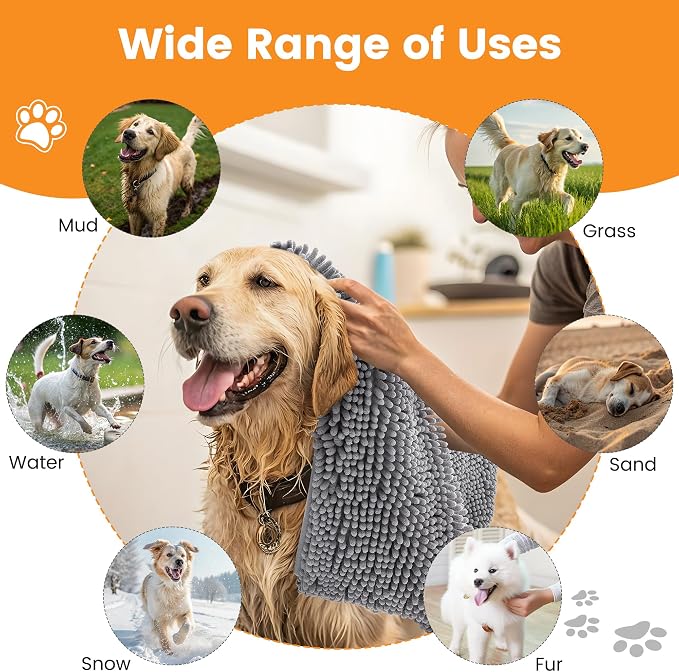 Smiry Chenille Dog Drying Towel, Extra Absorbent Bath Towel for Mud Dogs, Ultra Soft Quick Dry Pet Wash Mitt for Bathing, Grooming and Post-Walk Cleaning (31x13 Inches, Grey)