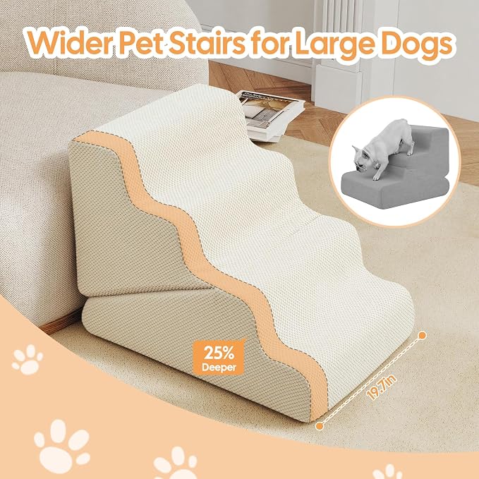Dog Ramp for Bed, Extra Wide 20" Width Dog Stairs for High Bed, 2 in 1 Pet Steps for Small Dogs, 4-Step Foldable Transformable Large Cats Ramp to Get on Couch, Non-Slip Balanced, Beige