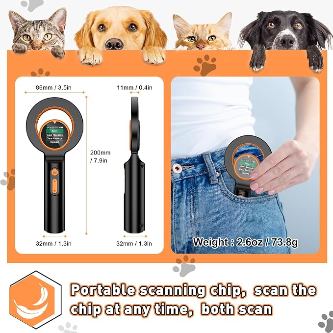 Symcode Pet Microchip Scanner RFID EMID Micro Chip Reader with 1.44IN TFT Display 134.2kHz 125kHz 15 Digits Pet Chip ID Scanner with Delete History Data Function