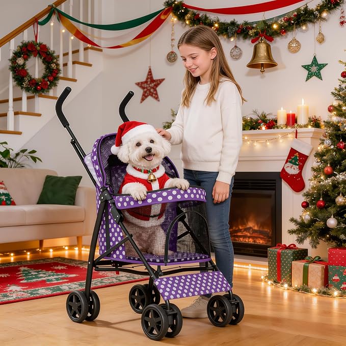 MoNiBloom 4-Wheel Foldable Pet Stroller - Purple Polka Dots