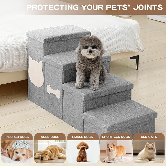 4-Step Wider Dog Steps for Bed 22" H, Foldable Dog Stairs with Storage, Non-Slip Pet Steps for Small Medium Large Dogs, Arthritis-Friendly Pet Stairs for Couch and Car Up to 200 lbs, Grey