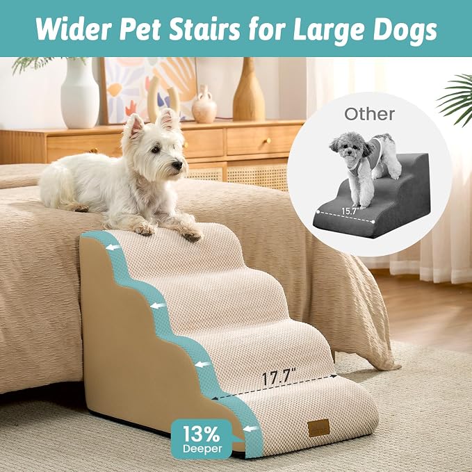 COZY KISS Wide Dog Stairs for Small Dog 19.7" H, 4 Step Pet Ramp for Bed | Curved Stable Dog Step for Puppy, Older Cat, Senior, Medium, Short-Legged Dog, Non-Slip Ladder, 17.7 inch Width, Grey
