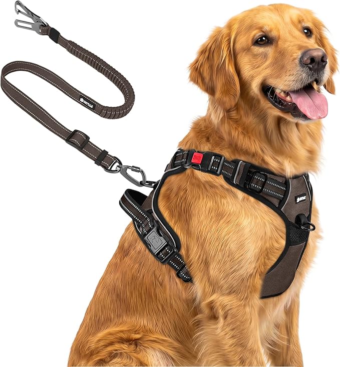Joytale No Pull Dog Harness & Seat Belt, Easy On 3-Buckle, XL, Brown | Front Clip Reduces Pulling, Escape-Resistant Design, Adjustable Fit, Soft Padding for Comfort, Secure Tether for Safer Travel