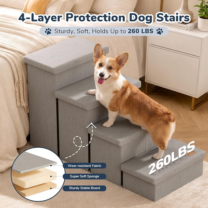 4-Step Wide Dog Stairs with Storage 23" H, Non-Slip Sturdy Pet Steps for High Bed Couch Window, Pet Stairs for Small/Medium/Large Old Dogs Cats Up to 220lbs, Cat Dog Steps for Car/SUV, Grey