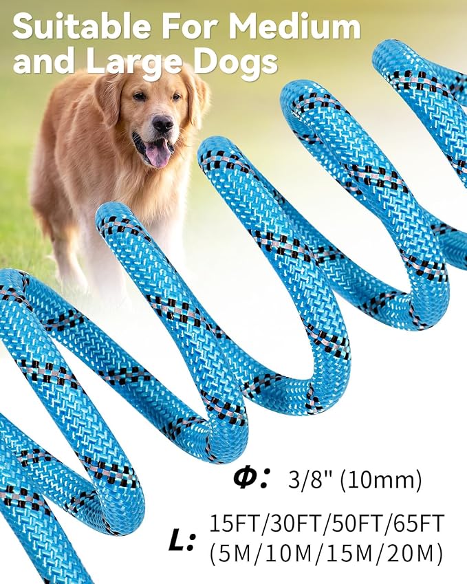 Joytale Long Dog Leash for Yard Tie Out & Recall Training, Blue, 65FT | Secure Locking Carabiner, Removable Padded Handle, Reflective Webbing for Night Safety, Ideal for Outdoor Play and Camping