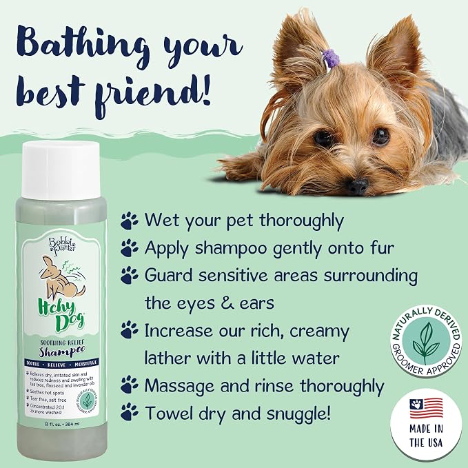 Bobbi Panter Itch Relief Dog Shampoo Tea Tree, Lavender & Flaxseed – Soothing Natural Formula for Itchy & Irritated Skin, Moisturizing, Tear-Free, 16:1 Concentrate, Made in USA, 13 oz