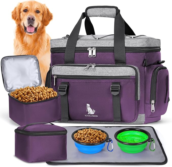 IGOLUMON Dog Travel Bag Set with 2 Food Containers, 2 Bowls, 1 Feeding Mat, Purple