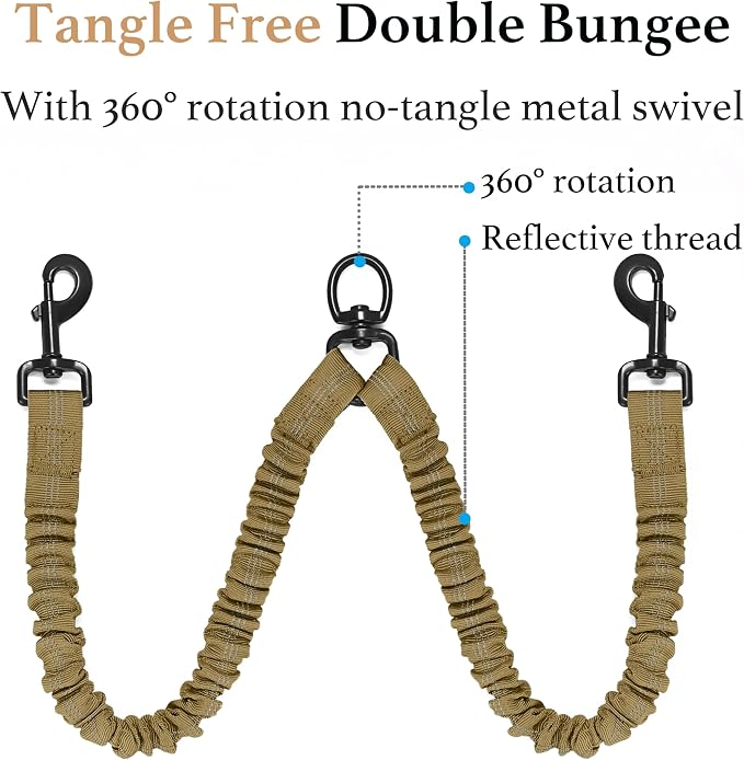 iYoShop Double Dog Leash, 360° Swivel, No Tangle, Large, 25-150 lbs, Khaki | Dual Leash for Two Dogs, Split Leash, Shock-Absorbing Bungee, Padded Handle, Heavy-Duty Rope