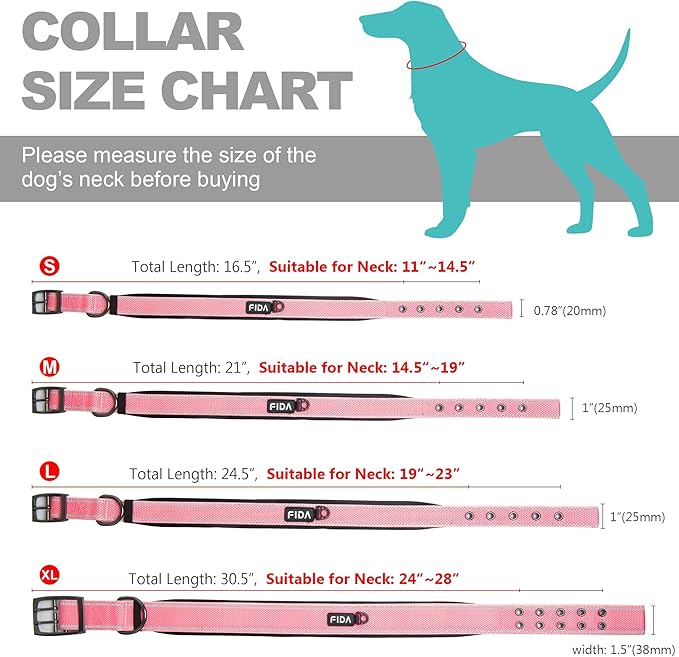 Fida Heavy Duty Dog Collar for Medium Dogs with Metal Belt Buckle, Pink | Soft Neoprene Padded for Extra Comfort, Thicker Nylon Webbing, Adjustable Fit, Reflective Stitching for Night Safety