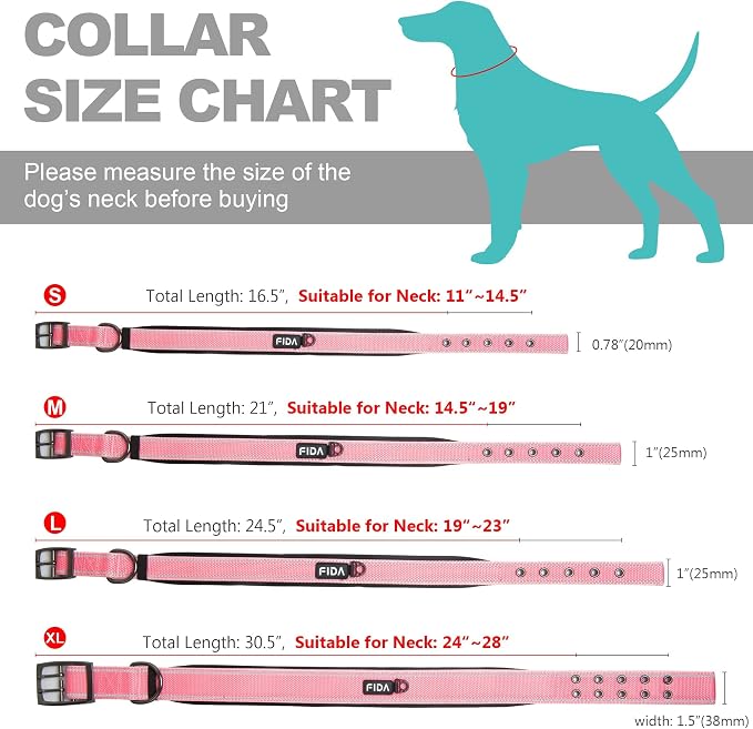 Fida Heavy Duty Dog Collar for Large Dogs with Metal Belt Buckle, Pink | 1.5" Width, Soft Neoprene Padded, Thicker Nylon Webbing, Adjustable Fit, Reflective Stitching for Night Safety