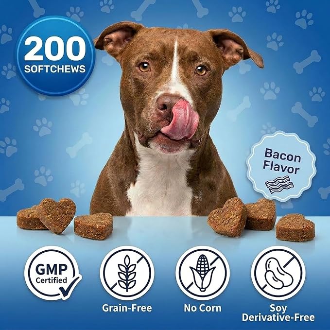 Glucosamine Dog Joint Supplement - Bacon Soft Chews with Chondroitin and MSM for Senior Pet Mobility and Post-Walk Stiffness, 200 Count