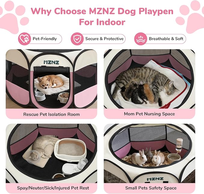 Dog Playpen, Portable Puppy Pet Crate Indoors for Small/Medium/Large Dogs Cats Rabbits, Foldable Dog Cage Enclosure for Outdoor, Pop Up Dogs Tent Kennel with Carrying Case, Pink