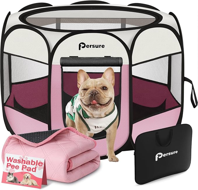 Dog Cat Playpen Indoor Outdoor for Puppy Pet Dogs Cat Recovery After Surgery, Dog Tent Crates Cage Indoor/Outdoor, Portable Pop Up Kennel with Carrying Case for Travel (Pink with Pad, Large)