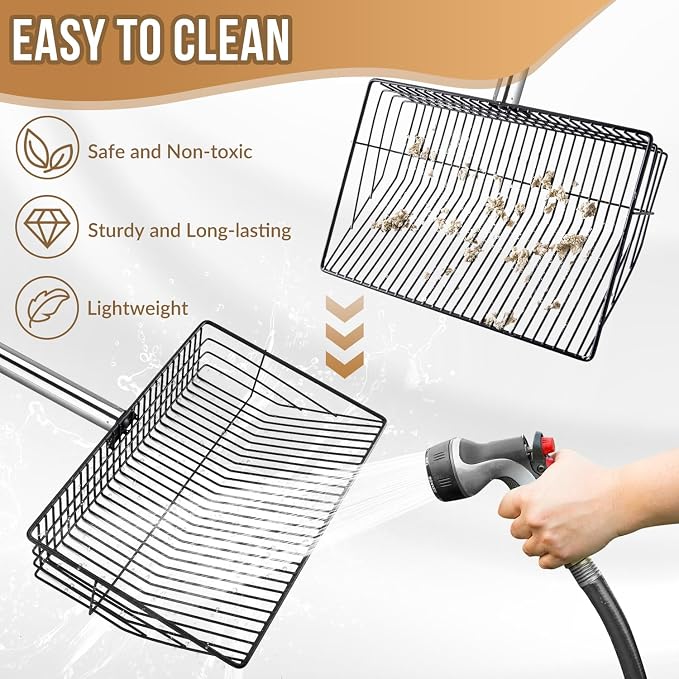 SlowTon Chicken Poop Scooper 10" Wide - Stainless Steel Chicken Coop Scoop Heavy Duty with 40 to 77" Long Handle for No Bending Work, Chicken Coop Litter Cleaning Tool Sand Sifting Shovel