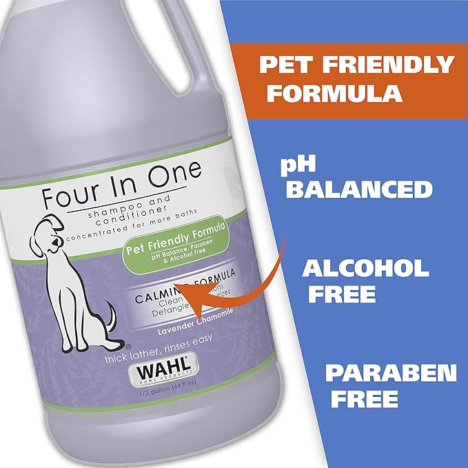Wahl USA 4-in-1 Calming Pet Shampoo for Dogs, Lavender Chamomile, 64 oz | Half Gallon Shampoo For Multi-Dog Families To Clean, Condition, Detangle, And Moisturize Fur During Bath - Model 821000-050