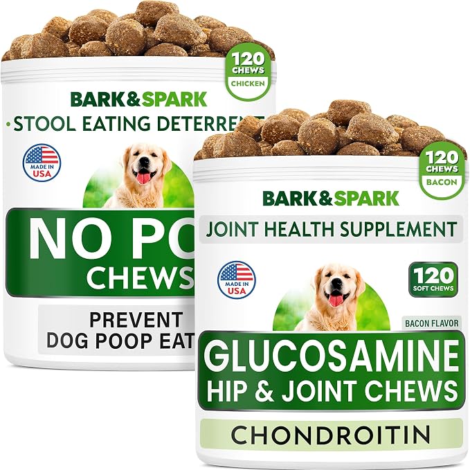 Glucosamine Bacon Flavor + NO PОO Treats Bundle - Joint Pain Relief + Coprоphagia Treatment - Chondroitin, MSM, Omega-3 + Probiotics & Enzymes - Digestive Health - 240 Soft Chews - Made in USA