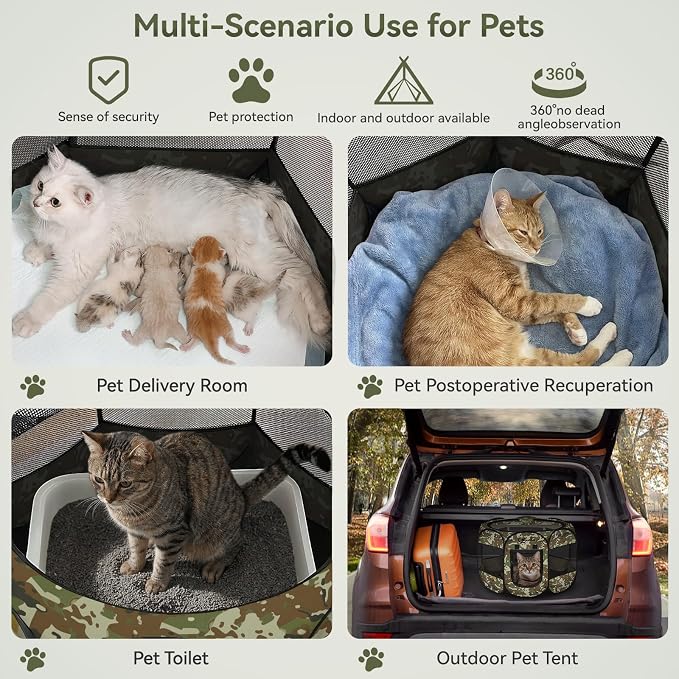 Siedihit Playpen for Small Dog Cat, Dogs Tent Crate Cage Indoor/Outdoor, Portable Pop Up Dog Kennel with Carrying Bag for Rabbits, Removable Top (Green Camo, Small)