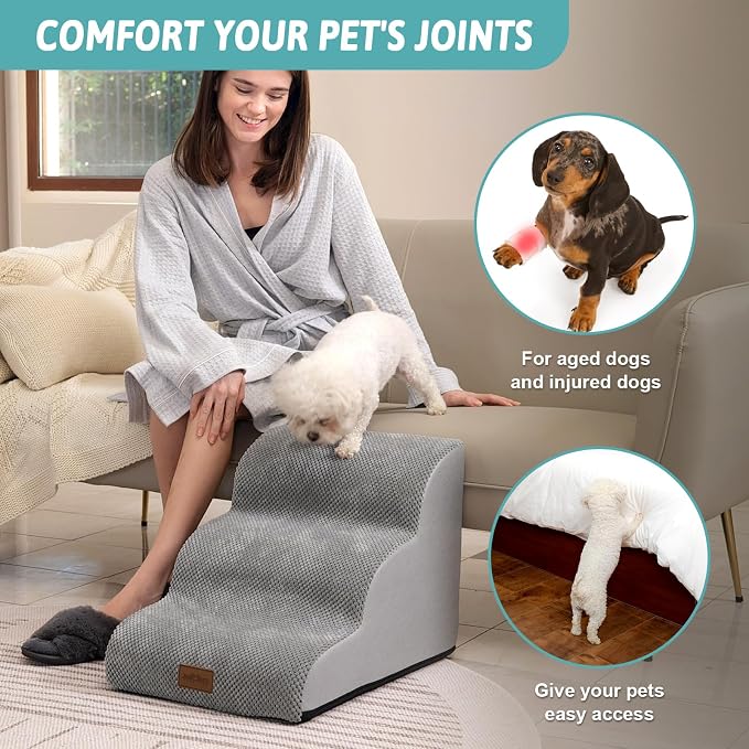 COZY KISS Wide Dog Stairs for Small Dog 15.7" H, Pet Step for Puppy, Older Cat, Curved Ramp for Couch, Durable Anti-Slip Ladder with High Density Foam, 3 Step, 17.7x22.4x15.7 inch, Grey