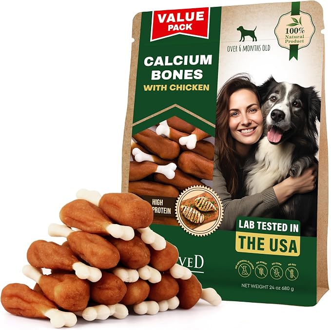 Dog Treats Bones Wrapped Chicken & Rawhide Free Chew - Pet Healthy Dried Snacks & Grain Free Meat - Bulk Best Chews for Small & Large Dogs - Made for USA (24 oz (Pack of 1), Calcium Bones)